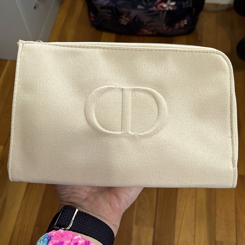 Dior CD Logo Expandable Canvas Clutch Makeup Pouch Cosmetic Bag Beige NWOT - Picture 3 of 14